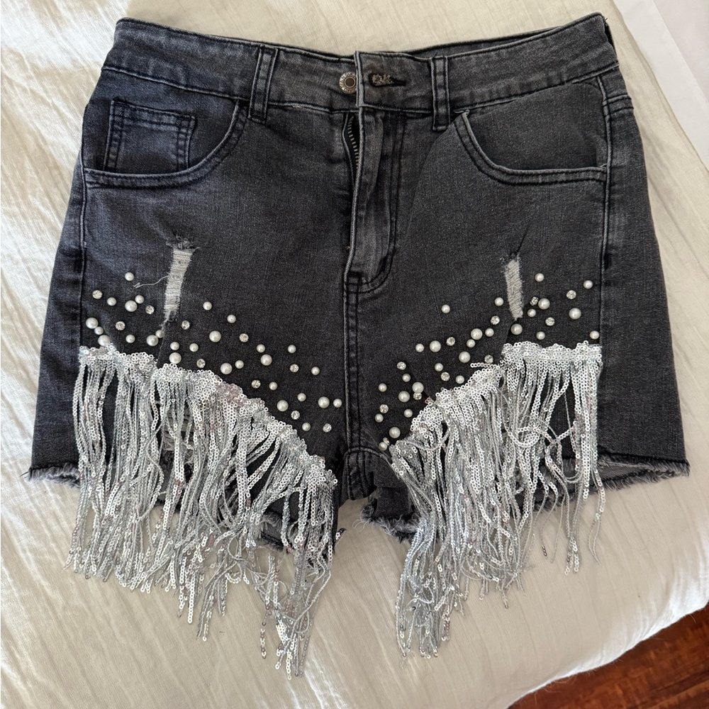 Black Denim Shorts with Silver Fringe